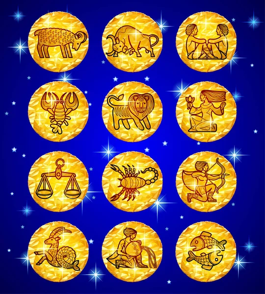 Zestaw Folia złota koła ze znakami zodiaku na niebieski gwiaździste backgro — Wektor stockowy