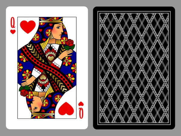 Rainha de Copas cartão de jogo e o fundo da parte de trás —  Vetores de Stock
