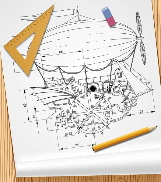 Рисунок фантастического летающего корабля стимпанка на бумаге — стоковый вектор