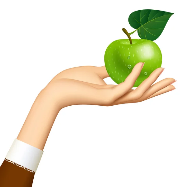 Woman's hand with a green apple isolated on white background — Stock Vector