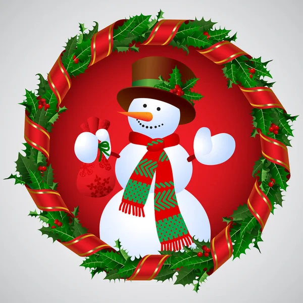 Snowman in Green holly wreath round frame with a red ribbon — Stock Vector