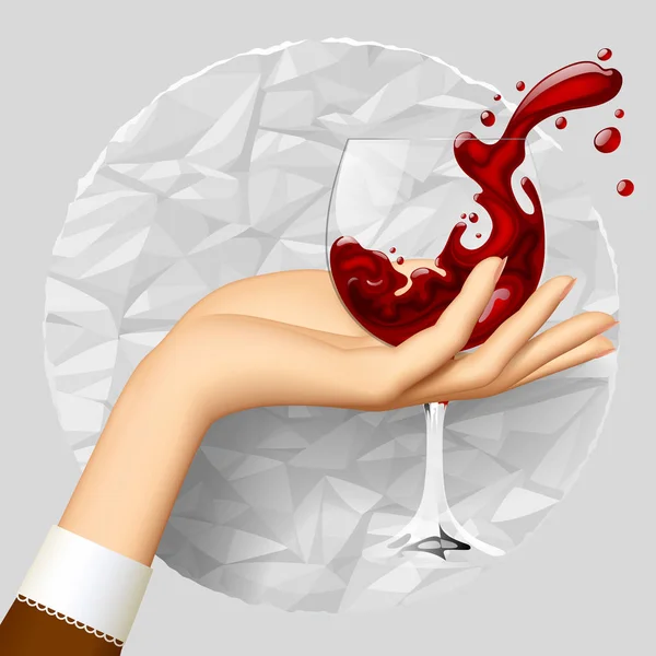 Mano di donna che tiene un bicchiere da vino con vino spruzzato su accartocciato — Vettoriale Stock