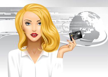 Sarışın kız bir kredi kartı dijital arka plan üzerinde tutan