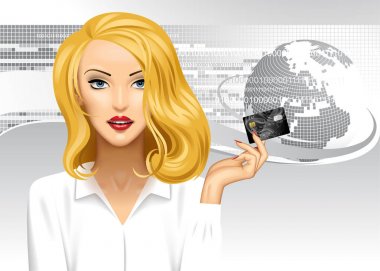 Blonde girl holding a credit card on digital abstract background
