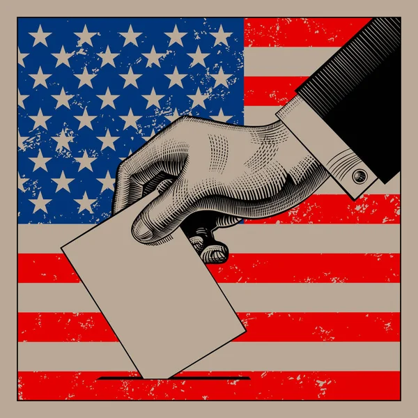 Hand putting voting paper on the USA flag background — Stock Vector