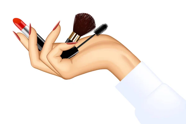 La mano de la mujer sosteniendo artículos de maquillaje — Archivo Imágenes Vectoriales