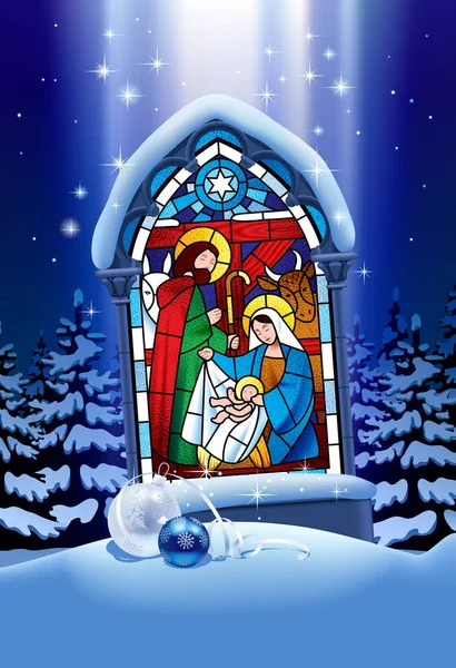 Christmas stained glass window in winter forest — Stock Vector