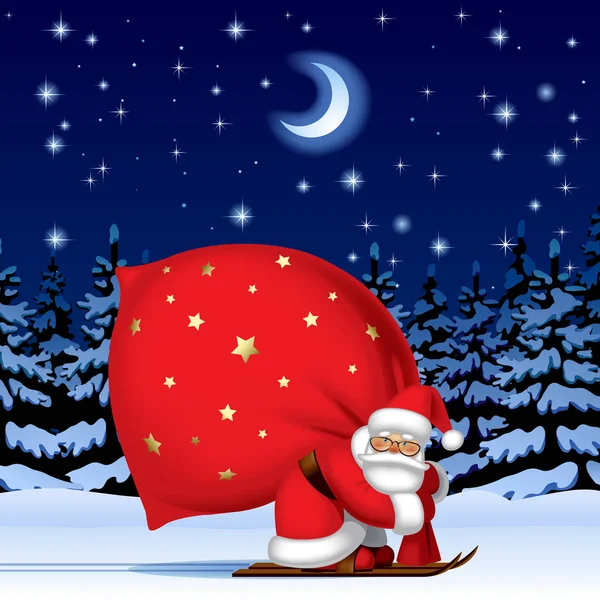 Père Noël en ski avec un grand sac rouge — Image vectorielle