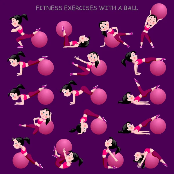 Chica de dibujos animados en traje rosa haciendo ejercicios de fitness con una pelota — Archivo Imágenes Vectoriales