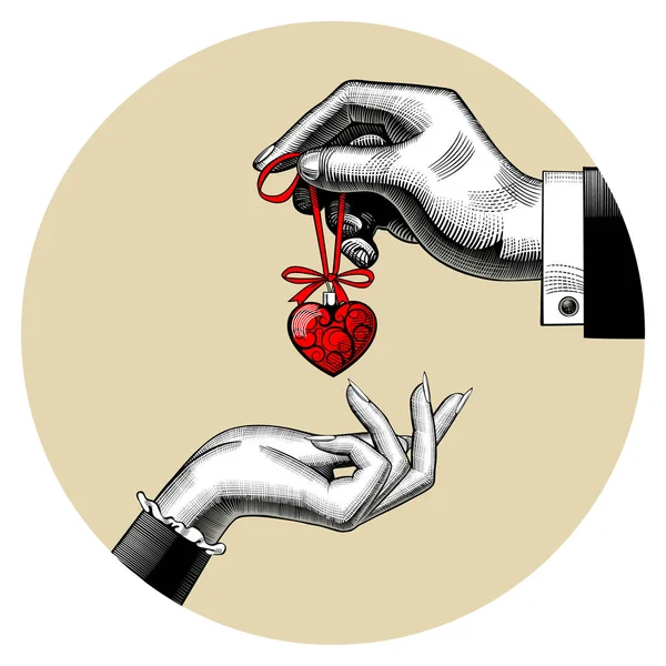 Adam kırmızı oyuncak kalp kadının eline verir.
