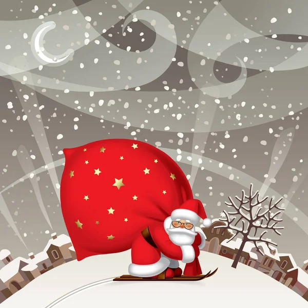 Santa Claus por esquí con un gran saco rojo contra el paisaje invernal — Archivo Imágenes Vectoriales