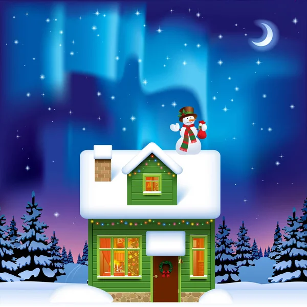 Green wooden house with a snowman against northern lights — Stock Vector