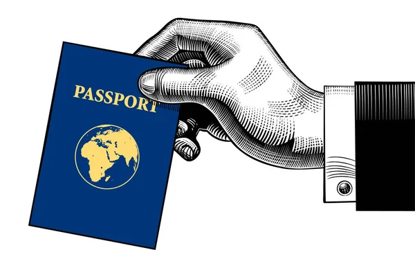 Mano in possesso di un passaporto con un globo Terra sulla copertina — Vettoriale Stock