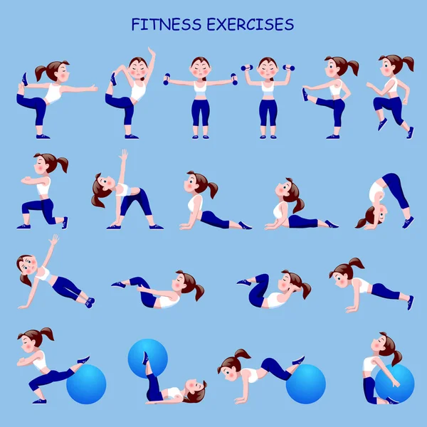 Fitness oefeningen met cartoon meisje in blauw en wit pak. — Stockvector