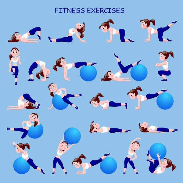 Fitness egzersizleri ile çizgi film kız mavi ve beyaz elbiseli