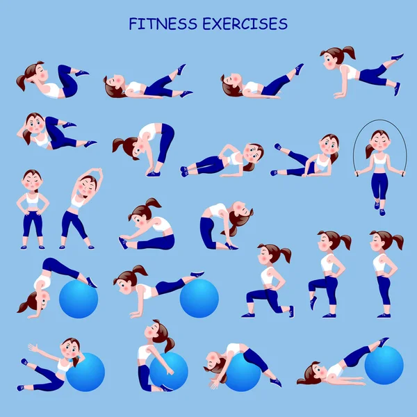 Fitness egzersizleri ile çizgi film kız mavi ve beyaz elbiseli