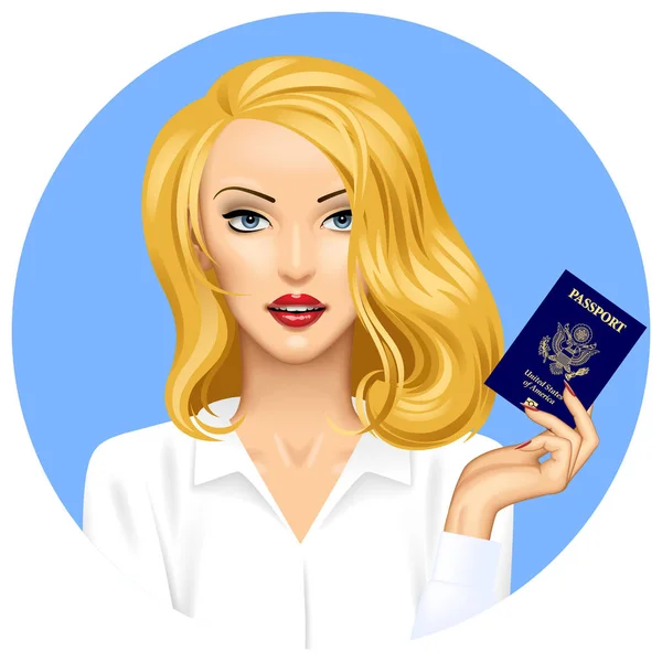 Chica rubia con un pasaporte americano en la mano — Vector de stock