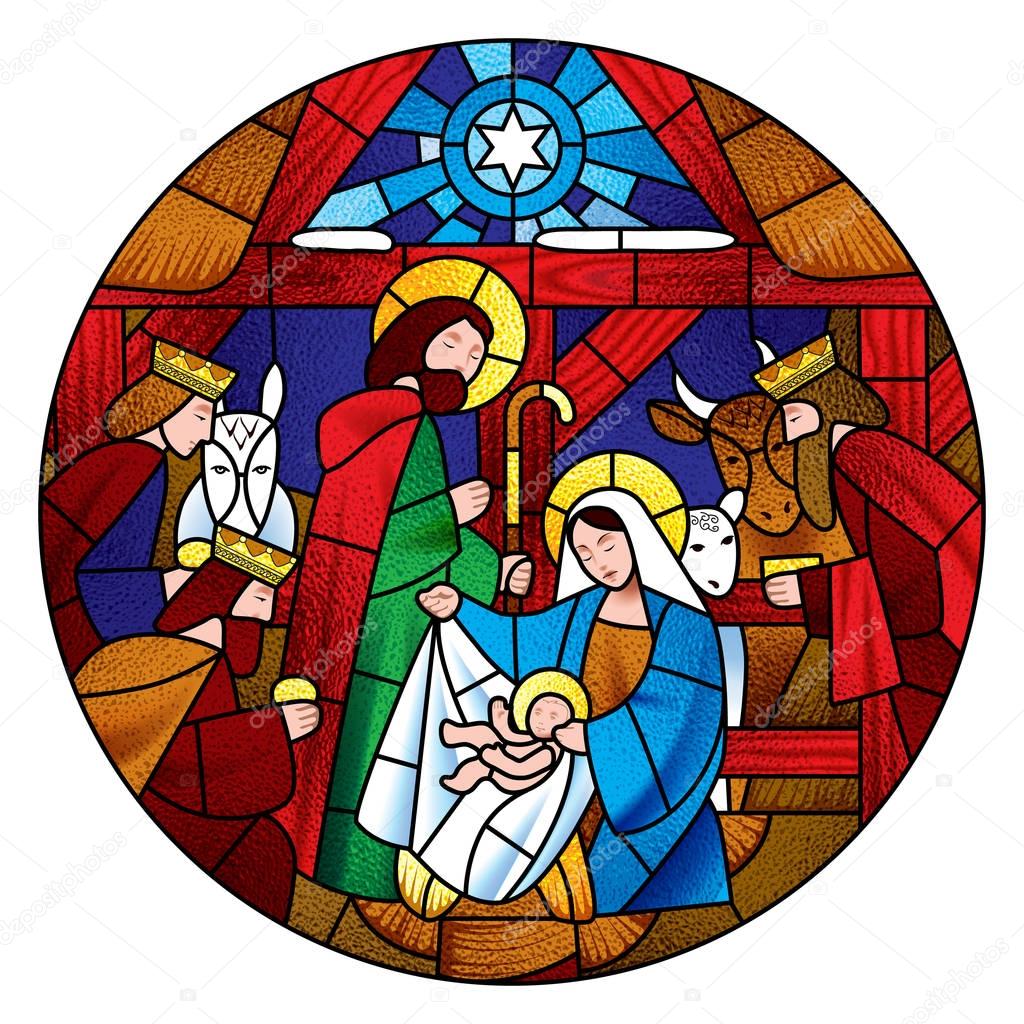 Circle shape with the Christmas and Adoration of the Magi scene 