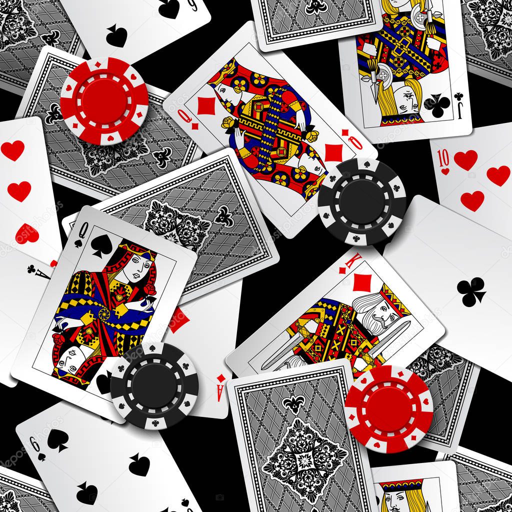 Playing cards and casino chips seamless pattern background