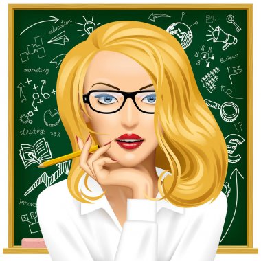 Sarışın iş kadını blackboard yakınındaki bardaklarda