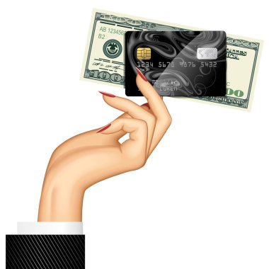 Kredi kartı ve Doları banknot tutan kadın eli