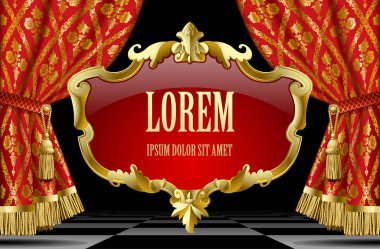 Klasik dekoratif altın Barok çerçeve ile kırmızı perdeler