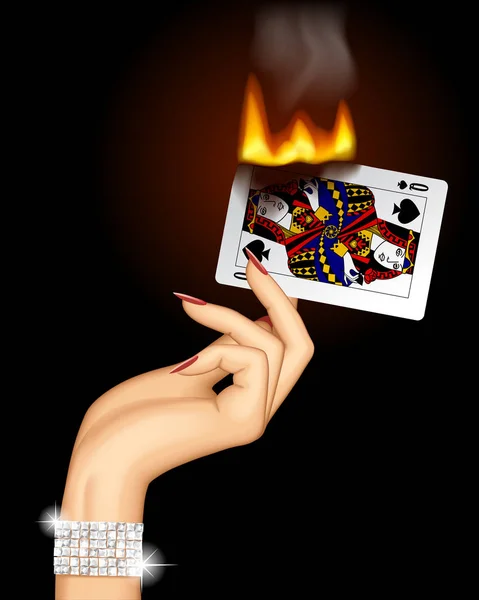 Mano con una carta da gioco in fiamme — Vettoriale Stock