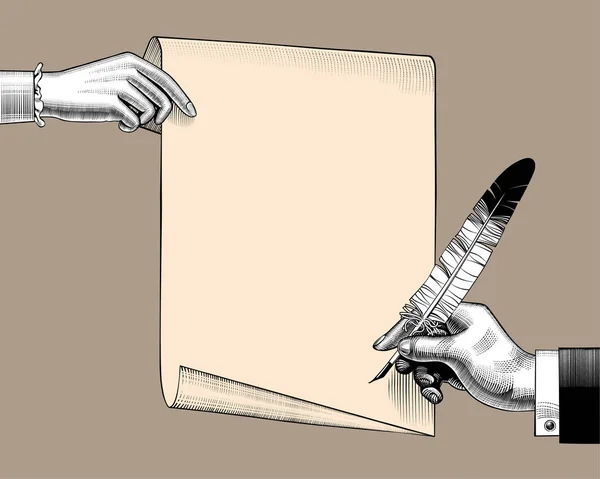 Tangan wanita memegang sehelai kertas dan tangan pria dengan bulu - Stok Vektor