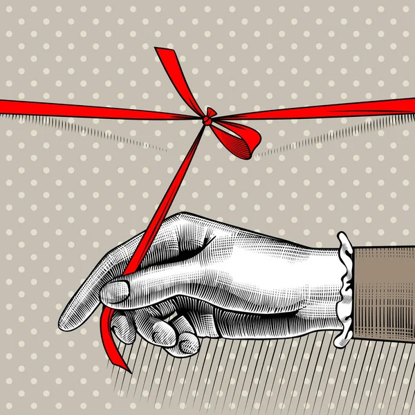 Жіноча рука розв'язує лук червоної стрічки — стоковий вектор