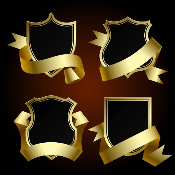 Emblema preto definido com borda de ouro e fita —  Vetores de Stock