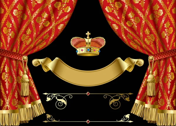 Tende rosse con corona e retrò elementi decorativi di design — Vettoriale Stock