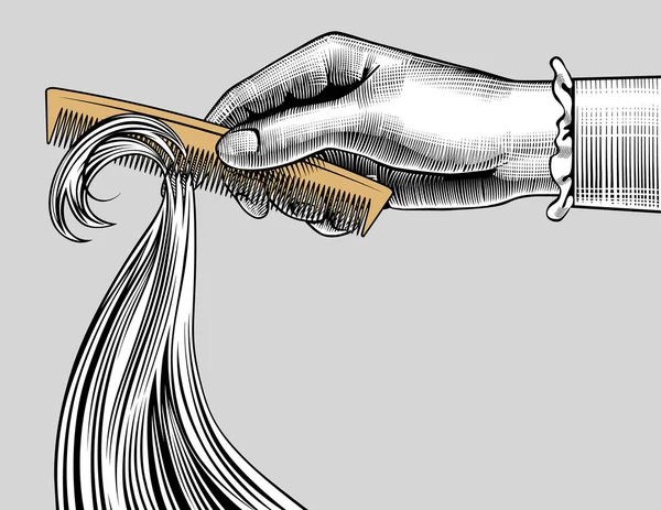 Main de femme peigner les cheveux avec un peigne rétro — Image vectorielle