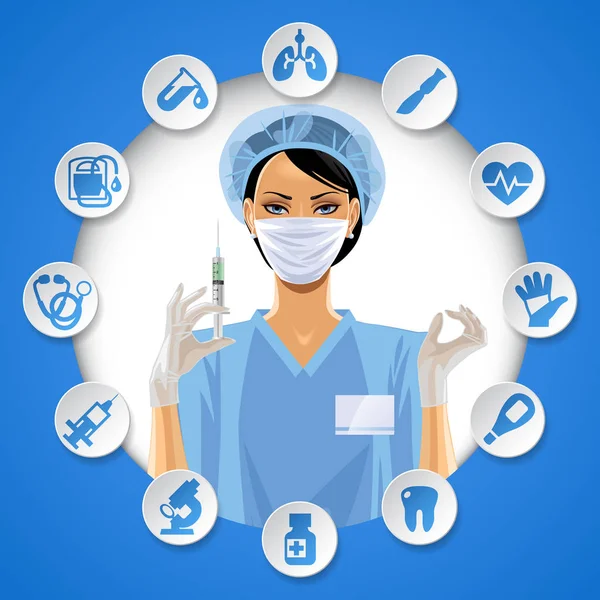 Enfermeira menina em uma moldura redonda com conjunto de ícone de cuidados médicos — Vetor de Stock