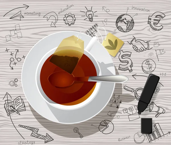 Taza blanca con bolsa de té e iconos de negocios dibujados a mano — Vector de stock