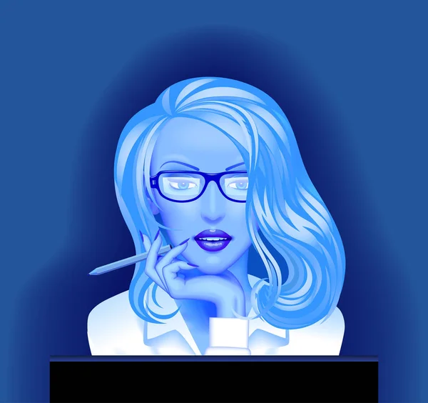 Mujer rubia de negocios en gafas delante del ordenador monito — Vector de stock