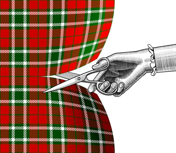 Mão de mulher com tesoura de corte de tecido de tartan — Vetor de Stock