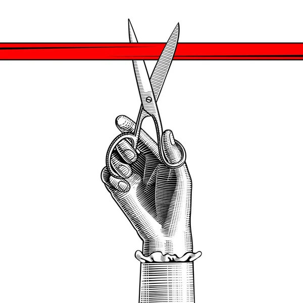 Mano de mujer con tijeras cortando cinta roja — Vector de stock