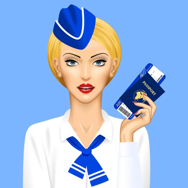 Azafata con pasaporte y billete de avión en mano sobre fondo azul — Vector de stock