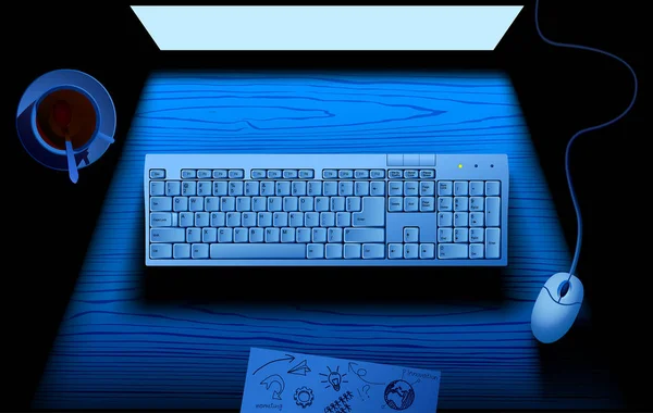 Клавиатура компьютера на столе с синим светом экрана монитора — стоковый вектор