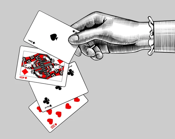 Mano de mujer con abanico de cartas. Grabado vintage dibujo estilizado — Vector de stock