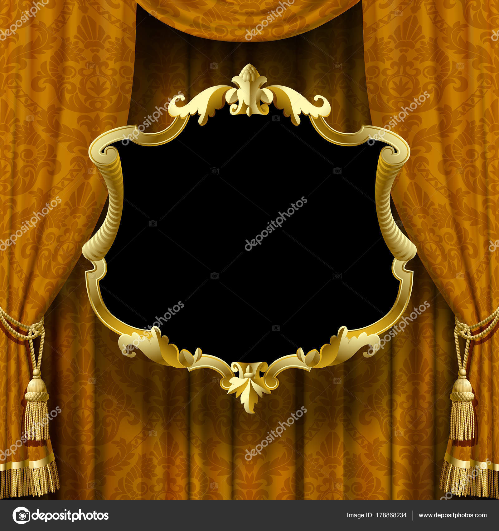 Vector afbeelding van geel-bruine gordijn met barok ornament ... Vector afbeelding van geel-bruine gordijn met barok ornament ...