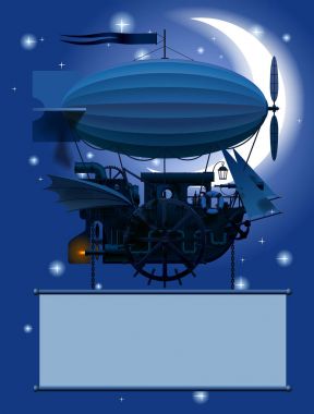Vintage Steampunk template with a fantastic flying ship in night sky with moon clipart