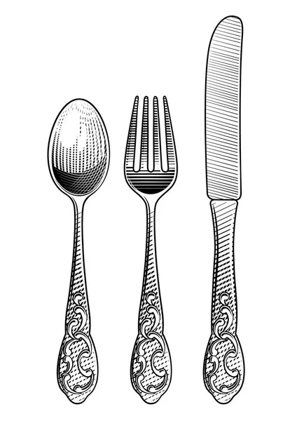 Cucchiaio retrò, forchetta e coltello da tavola — Vettoriale Stock