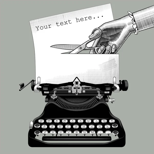 Női kézi vágás egy papírt, ollóval behelyezett-ba egy régi typewriter — Stock Vector