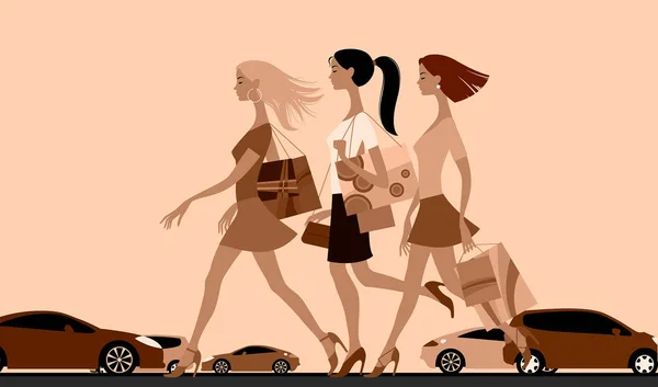 Compras chicas caminando por la calle con coches — Archivo Imágenes Vectoriales