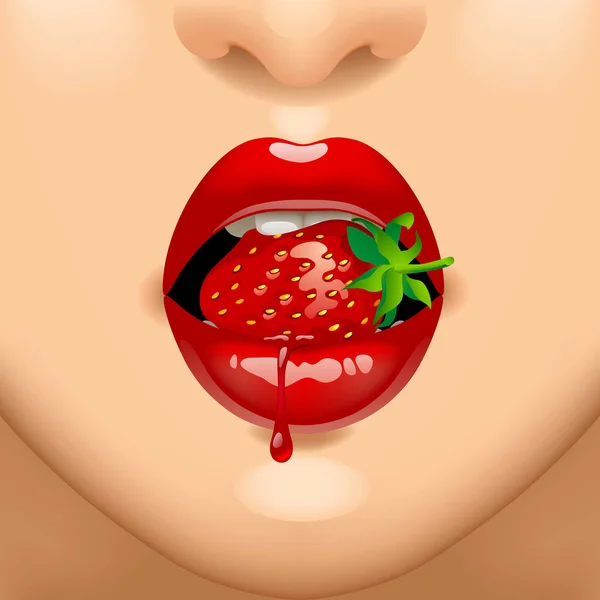 Partie du visage féminin avec des lèvres rouges sexy avec une fraise dans les dents — Image vectorielle