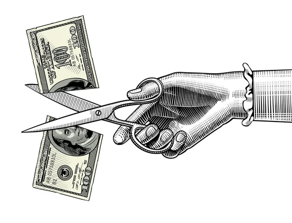 Женская рука с ножницами, разрезающими банкноту за 100 долларов — стоковый вектор