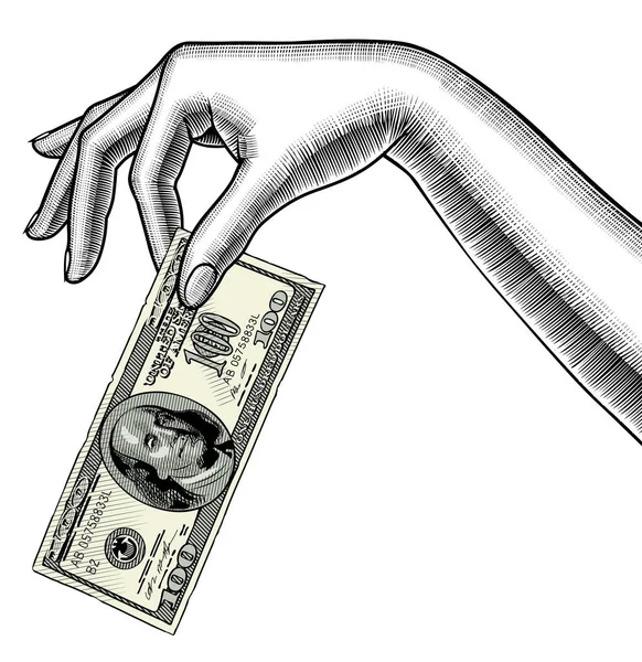 Contorno da mão da mulher palma para baixo com uma nota de banco de 100 dólares em dedos — Vetor de Stock