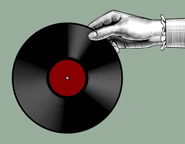 Mano de mujer con un disco de gramófono — Vector de stock