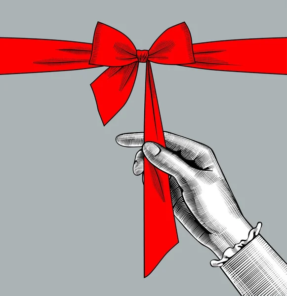 Main de femme déliement arc de ruban rouge — Image vectorielle